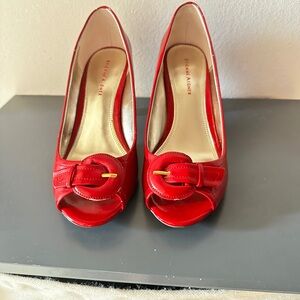 Etienne Aigner Red Buckle Peep-Toe Heels